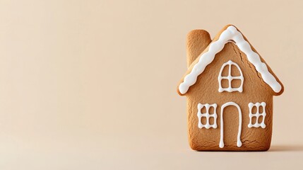 Poster - Minimalist gingerbread house with clean lines and simple icing, isolated on a gradient background shifting from light beige to cream, with plenty of negative space 