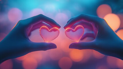 Radiant Connection - Hands Forming Heart Shape with Neon Lights Background