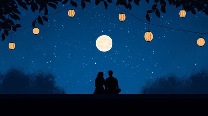 Poster - Silhouetted Indian couple sitting on a terrace under the glowing full moon during Sharad Purnima surrounded by soft lantern light and starry skies 