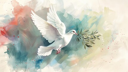 Wall Mural - A white dove with an olive branch flies against an abstract background with cool and warm colors blending together, symbolizing peace, purity, and hope in an artistic style.