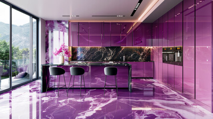 Luxurious kitchen interior in purple and pink color scheme with marble floors with penetrating daylight. Design concept.