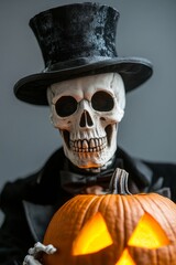 Wall Mural - Spooky skeleton in a vintage top hat presents a carved glowing pumpkin at an eerie Halloween party background with empty space for text 