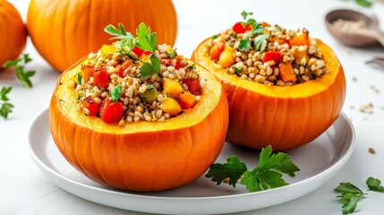 Sticker - Stuffed pumpkin halves filled with grains and vegetables bright and colorful composition isolated on white background rustic and hearty 