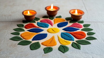 Poster - Vibrant rangoli design made with colored powders and flowers, illuminated by oil lamps and placed at a temple entrance during Navratri celebrations 