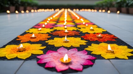 Wall Mural - vibrant rangoli design made with colored powders and flowers, illuminated by oil lamps and placed at
