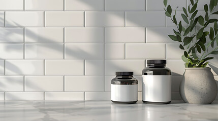 Wall Mural - Two black bottles with white labels sit on a marble countertop in front of a white subway tile backsplash. A plant in a grey pot sits to the right.