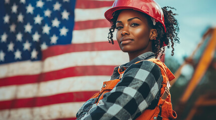 labor day background, black woman in worker costume standing next to USA flag for USA Labor Day