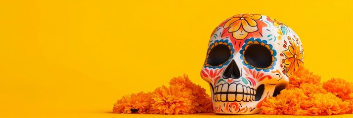 Canvas Print - Vibrantly painted sugar skull adorned with intricate patterns rests amid golden marigold petals symbolizing Mexicos Day of the Dead celebration isolated on a gradient background 