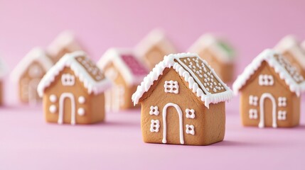 Poster - Wide angle shot of a gingerbread house village with multiple tiny homes, each uniquely decorated, placed on a gentle gradient background fading from pink to purple 