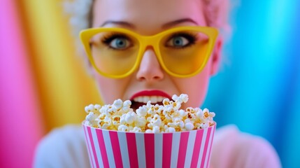 wide shot of a popcorn bucket with kernels stuck in a person's teeth, close-up on their uncomfortable expression, awkward situation, bright colors 