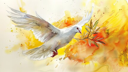 Wall Mural - A peaceful white dove is depicted soaring through the air while holding an olive branch in its beak, against a vibrant and expressive orange and yellow background.