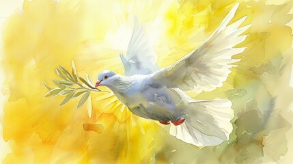 Wall Mural - A magnificent white dove flies with an olive branch in its beak, surrounded by golden rays of sunlight, symbolizing peace, serenity, and hope with a bright, ethereal feel.