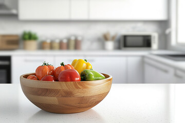 Poster - Blurred white kitchen background with a wooden bowl of vegetables on the table and modern appliances in blurred focus. Mockup for a product display montage. 