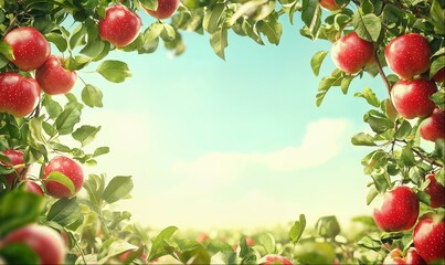 Wall Mural - Frame made of apples on branches, sunny day background