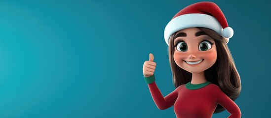 Wall Mural - 3D cartoon woman wearing a Christmas hat on a blue background giving a thumbs up gesture