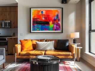 Canvas Print - Modern Living Room Interior with Abstract Artwork and Leather Sofa.