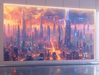 Canvas Print - Futuristic Cityscape with Flying Vehicles.