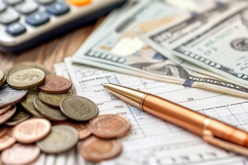 Fototapete - A stack of cash and coins lies beside an open notebook filled with financial notes and a calculator resting on a wooden surface. Generative AI