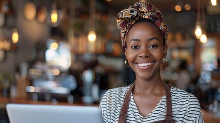 Happy woman portrait and cafe with laptop for small business management or startup Female person owner or entrepreneur with smile on computer for online service or connectivity at coff : Generative AI