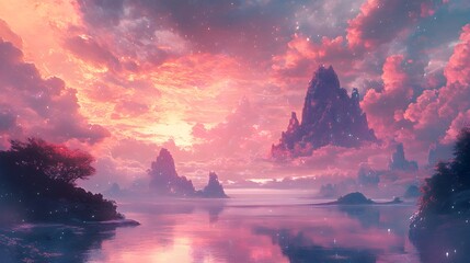 Canvas Print - Fantasy Landscape with Mountains and Pink Clouds.