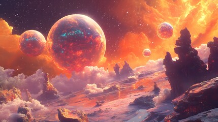 Wall Mural - Alien Landscape with Glowing Planets.