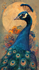 Art nouveau artistic image of peacock in a round shape,Luxurious peacock with an open tail,magnificent realistic peacock