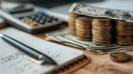 Fototapete - A stack of cash and coins sits beside an open notebook filled with notes and financial calculations on a wooden desk. Generative AI