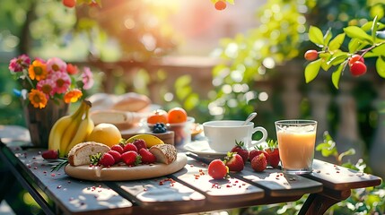 Breakfast table with bread fresh fruits and strawberries and coffee served on balkony terrace or hotel on summer morning for romantic couple lunch