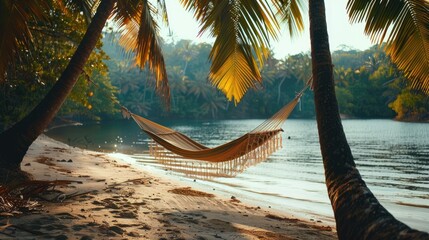 Hammock on beach tied to two palm trees. Calm peaceful quiet place to relax at exotic island. Tropical resort by the sea. Paradise on earth among the jungle. No people. Summer vacation. Holiday rest.