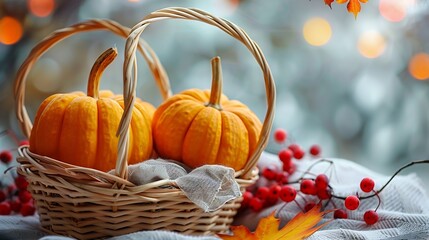 Wall Mural - Autumn composition for Thanksgiving Day still life background Pumpkin harvest in basket vegetables patissons autumn leaves red berries on white kitchen table Fall decoration design Clo : Generative AI