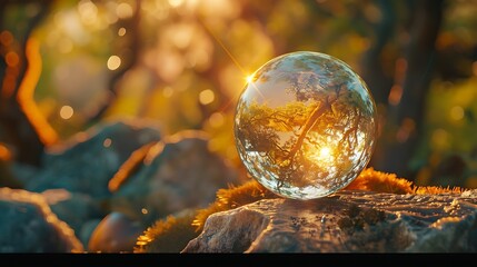 minerals and crystal ball close up in forest blurred natural background quartz gemstones for Magic healing Crystal Ritual Witchcraft spiritual esoteric practice for soul mind relax : Generative AI