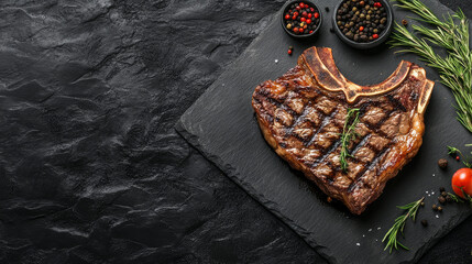 Grilled T-bone steak on a stone table, viewed from above with space for text. --ar 16:9 --v 6.1 Job ID: 7959ccd6-3937-4f37-83b6-e156022b8a2c