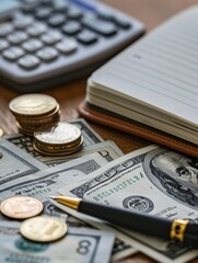 Aufkleber - A stack of cash, coins, and an open notebook filled with calculations are spread across a wooden desk in a comfortable office setting. Generative AI