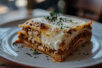 Wall Mural - A slice of freshly made lasagna served on a white plate