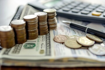 Fototapete - A stack of cash and coins accompany an open notebook filled with financial notes and calculations beside a calculator and pen. Generative AI