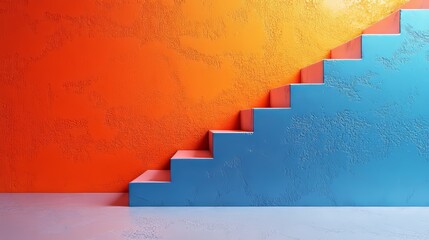 Wall Mural - A blue and orange staircase is shown in a room with orange walls