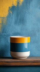 Wall Mural - A yellow and blue coffee cup sits on a shelf next to a blue wall