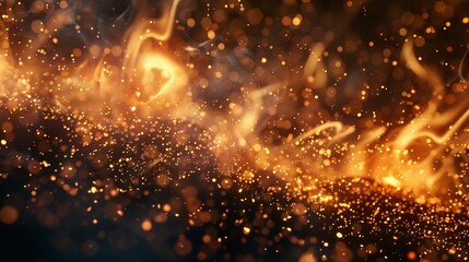 Poster - Golden flame of fire Fire embers particles over black background Fire sparks background Abstract dark glitter fire particles lights bonfire in motion blur : Generative AI
