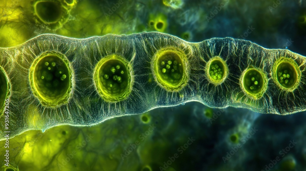 This close-up reveals the intricate structures of algae cells ...
