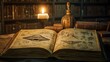 © TawaUStock - An ancient manuscript depicting a UFO sighting, warm, soft candlelight illuminating the aged pages, intricate drawings and symbols, background of a dark, dimly lit library, historical and enigmatic