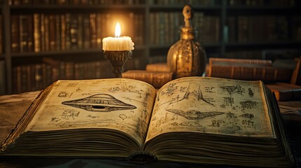 An ancient manuscript depicting a UFO sighting, warm, soft candlelight illuminating the aged pages, intricate drawings and symbols, background of a dark, dimly lit library, historical and enigmatic