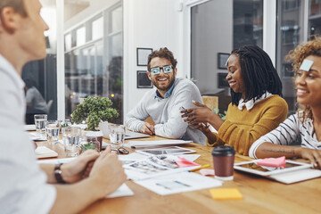 Aufkleber - Happy people, diversity and comedy for team building, activity and business meeting in office. Group, employees and playful for games, project and cooperation for collaboration, creativity or career