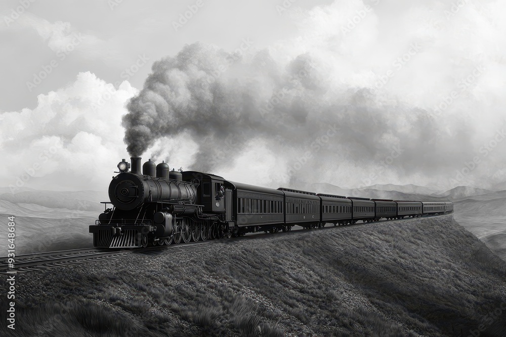 A classic engraving of a Victorian-era steam locomotive chugging along ...
