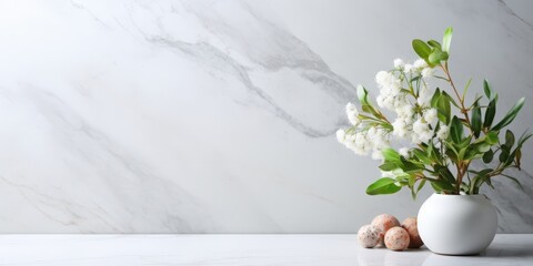 Poster - Spring Flowers in a White Vase on a Marble Surface