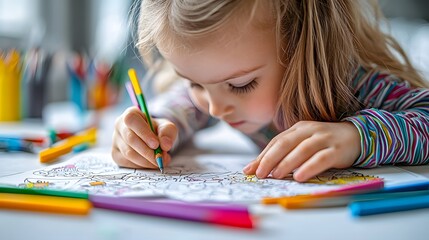 Young Girl Engrossed in Creative Coloring at School Desk