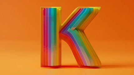 Close up of three dimensional rainbow alphabet letter k on orange background