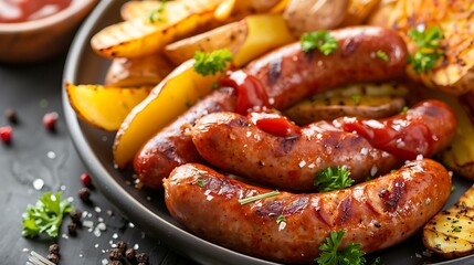 Close up shot bratwurst sausage with fried potato and vegetables for dinner meal