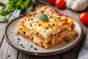 Wall Mural - A tasty slice of lasagna served outdoors on a rustic wooden table