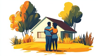 silhouette happy couple standing hugging looking at new buy house real estate