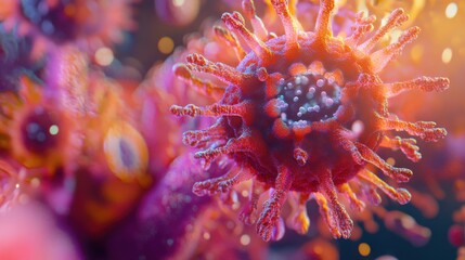 This close-up reveals a bacterial spore with distinct features and vibrant colors, highlighting its complex surface structures and biological significance